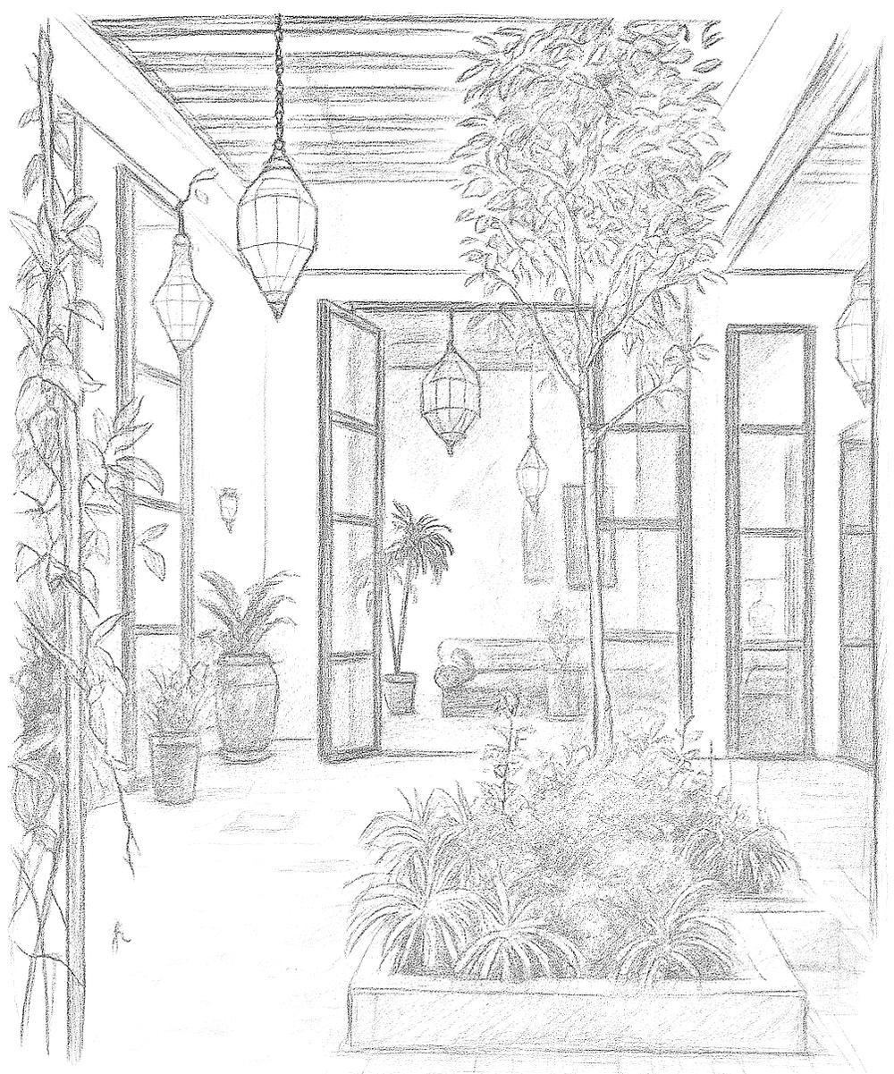 Dessin au crayon du riad : portes vitrées, lanternes suspendues et massif de plantes.