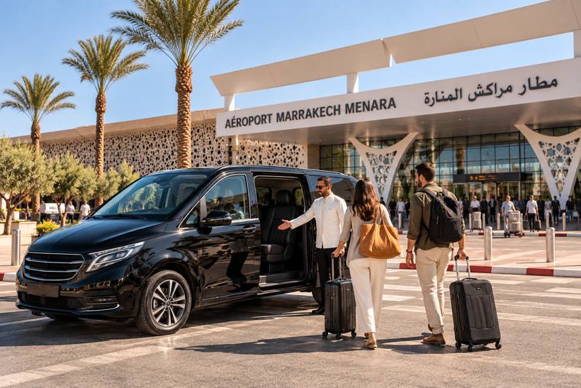 Un chauffeur accueille des voyageurs devant un van, à l’aéroport de Marrakech Menara.
